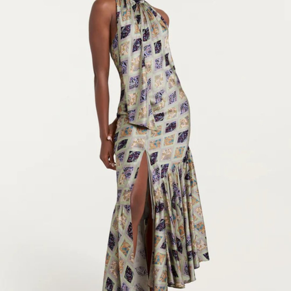 NEW Cinq a Sept Diamond Sea Melissa Dress 100% Silk Midi Halter Womens 4